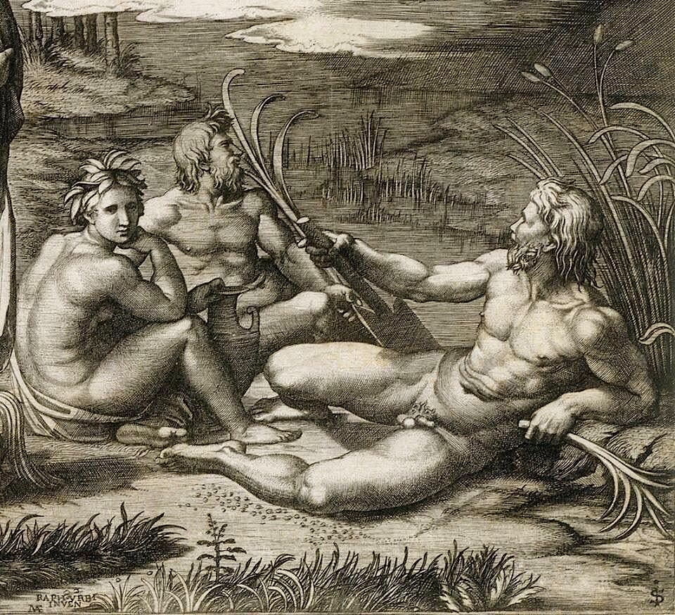 Маркантонио РАЙМОНДИ, по рисунку Рафаэля / «Суд Париса» / 1510 / (основа композиции скандально известной картин Э.Мане «Завтрак на траве», 1863)